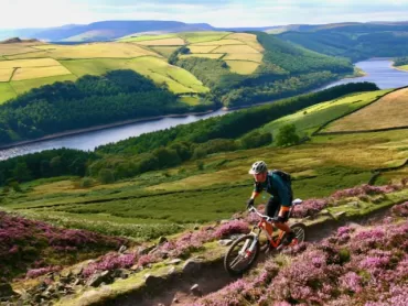A man mountain biking above ladybower reservoir in the Peak District