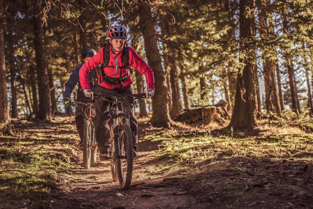 A couple on mountain bikes riding some single track.